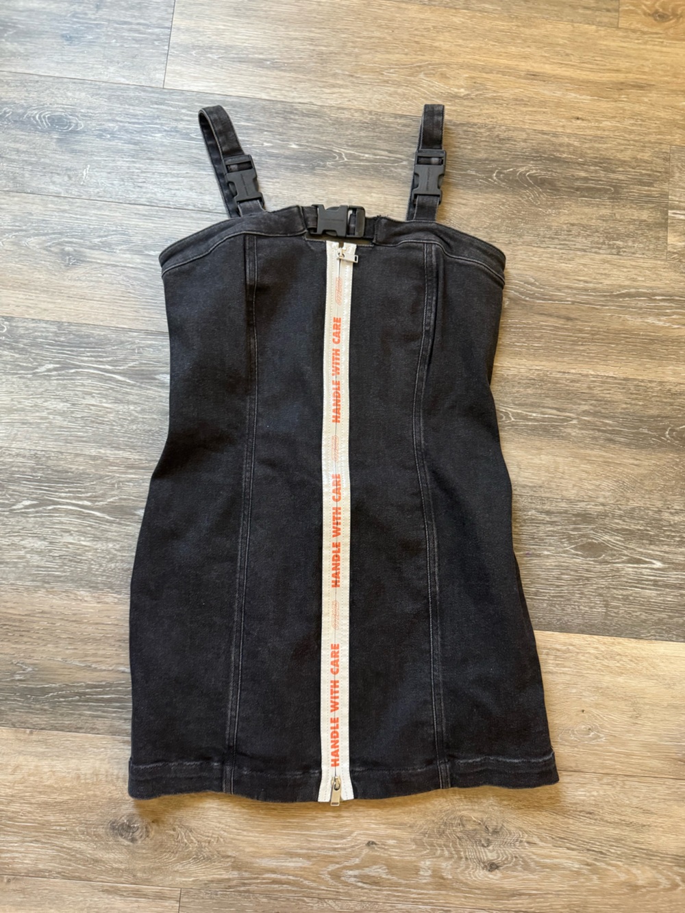 Heron Preston Black Strap denim Mini Dress with White Logo Zip Sz L